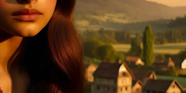 A young woman in a modest dress contemplates in a serene rural village, hinting at complex family dynamics.