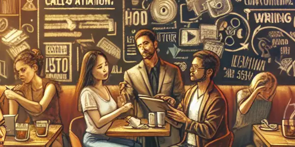 A diverse group of aspiring screenwriters collaborates in a cozy café filled with film scripts and creative energy.