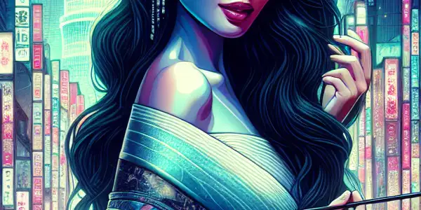 A captivating female figure in a vibrant Tokyo nightlife scene, surrounded by neon lights and iconic landmarks.