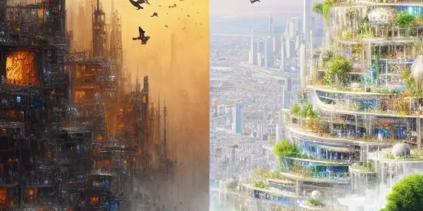 A contrasting scene of a dystopian Earth filled with despair and a luxurious space station representing wealth disparity.