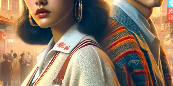 A young couple in 1990s Beijing, surrounded by cherry blossoms and bustling streets, embodying romance and nostalgia.