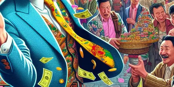A comedic man joyfully navigates a vibrant market, interacting with quirky vendors amid a lively crowd in Northeast China.