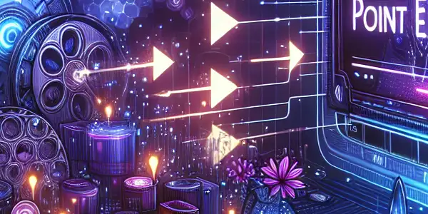 A futuristic digital landscape showcasing an adult film platform with glowing buttons and abstract film imagery.