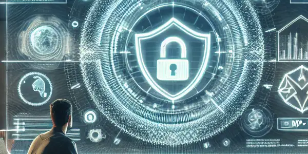 A modern living room featuring a user watching a video, symbolizing privacy and security with digital icons.