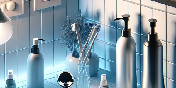 A modern bathroom displaying adult products with a focus on hygiene and maintenance tips.