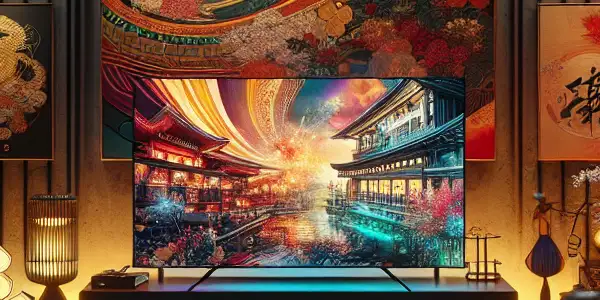 A modern living room featuring vibrant film posters and a large TV displaying abstract visuals, evoking sensuality and allure.